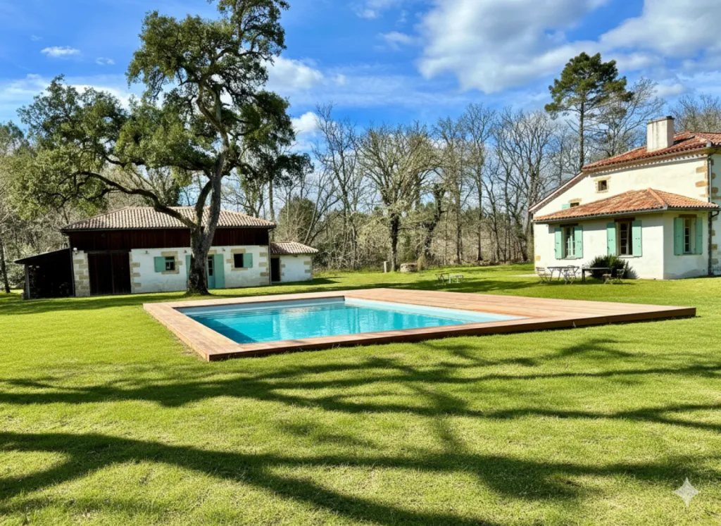 Construction d une piscine maçonnée 10x6 mètres avec volet immergé et membrane armée  pour de beaux moments partagés en famille près de Bazas