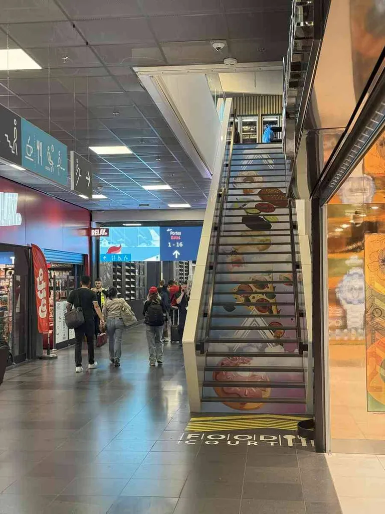 Pose d'adhésifs au sol dans un aéroport européen