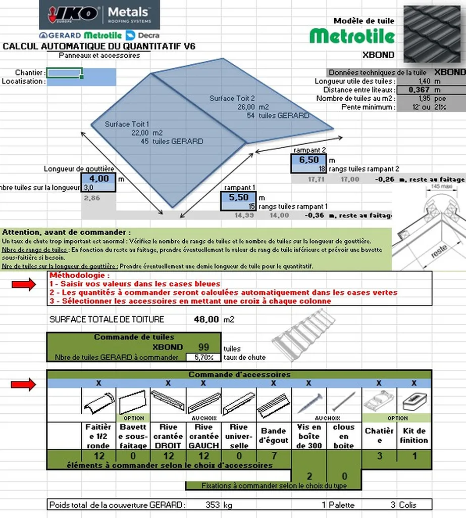 Calculateur Excel de tuiles et ardoises IKO Metals