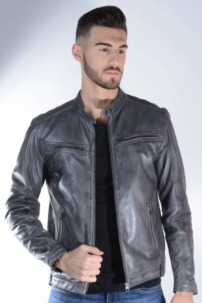blouson cuir gris homme