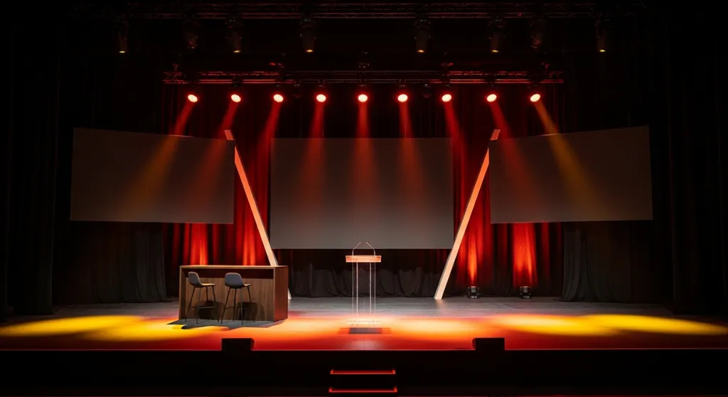 Plateau scénographié sur mesure avec décor, mobilier scénique et lumière pour convention annuelle d'entreprise à Aix-en-Provence et Marseille