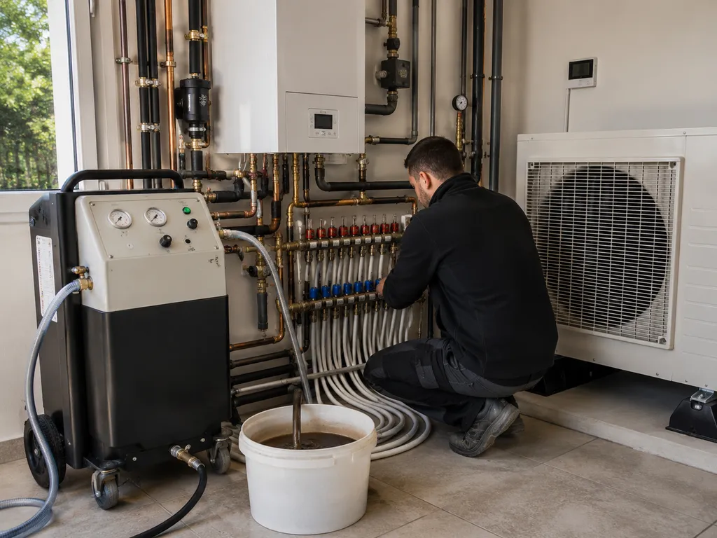 Réalisation d'un désembouage hydraulique du circuit de chauffage avant l'installation d'une pompe à chaleur à Aix-en-Provence. Une étape essentielle pour préserver les performances, la fiabilité et la durée de vie de votre future installation thermique.