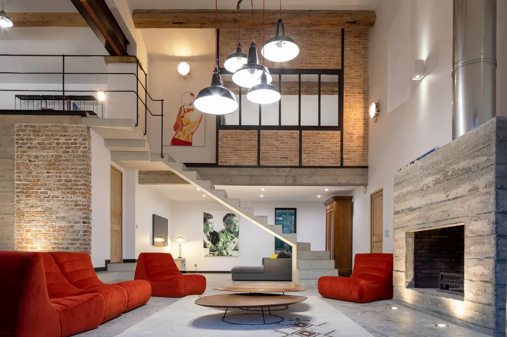 grand salon avec sa  cheminée en béton brut de décoffrage 13300 Salon de Provence