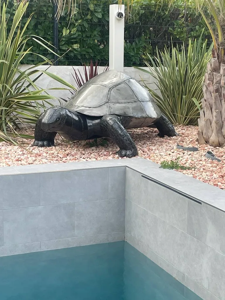 Projet d'aménagement de jardin près de Carry Le Rouet avec installation d'une sculpture de tortue en acier vernis.