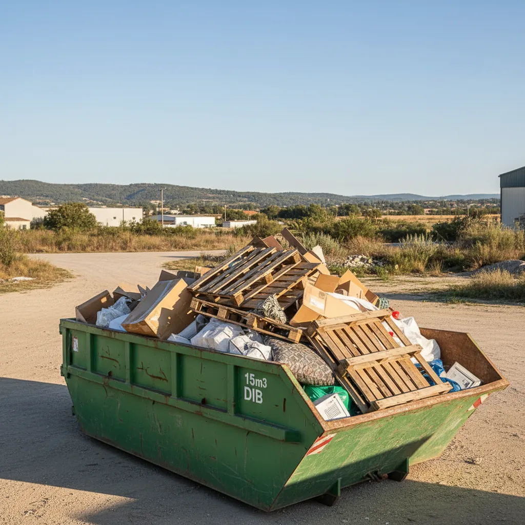 Location benne DIB 15m3 à Vidauban proche La Motte : Grand volume pour déchets légers cartons non compactés, palettes et résidus de vide-maison.