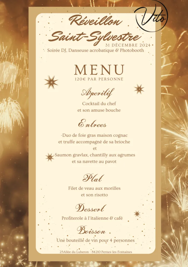 Menu du réveillon de la Saint-Sylvestre du restaurant Chez Vito près d'Avignon
