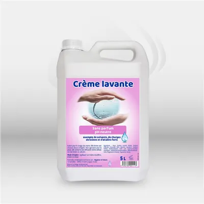 Crème lavante professionnelle Hygiène & Nature 5L, pH neutre 7, mains corps et cheveux, sans parfum sans savon sans silicone, testée dermatologique, compatible eau froide calcaire et salée, usage collectivités et professionnels – disponible à Mont-de-Mars