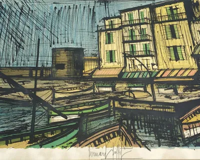 Bernard BUFFET, Le port de St Tropez, Lithographie signée adjugée 4800 € lors d'une vente sur le Port pendant les Voiles (octobre 2024)