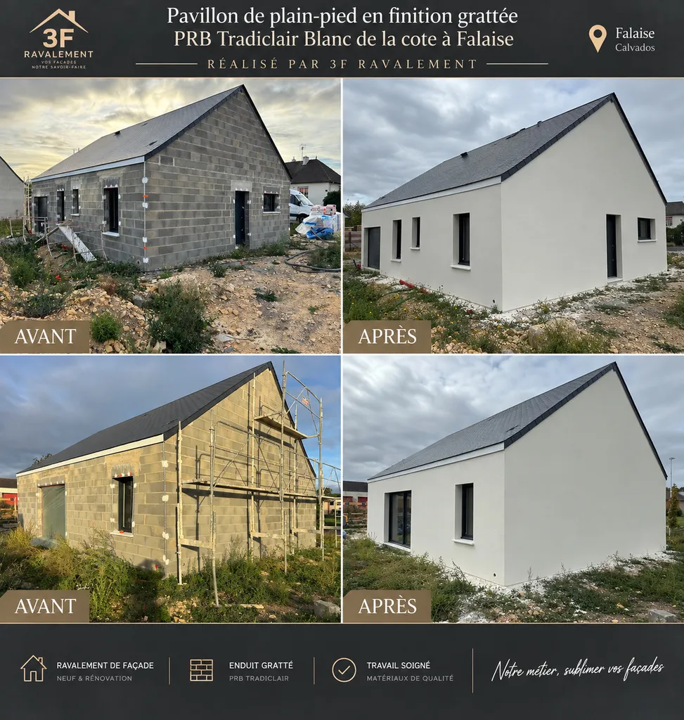 Ravalement d’un pavillon de plein-pied à Falaise avec enduit finition grattée PRB Tradiclair Blanc de la Côte