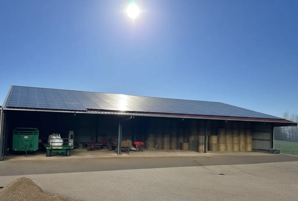 Techniciens installant une structure photovoltaïque inclinée sur toiture industrielle complexe permettant autonomie et vente du surplusà Angoulême