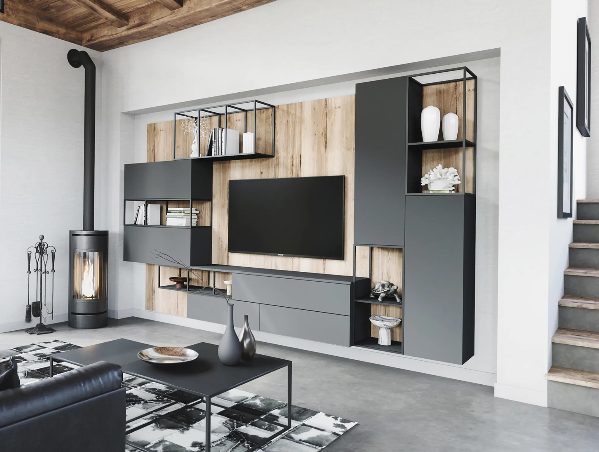 Meuble TV mural moderne avec des éléments déstructurés en Haute Garonne