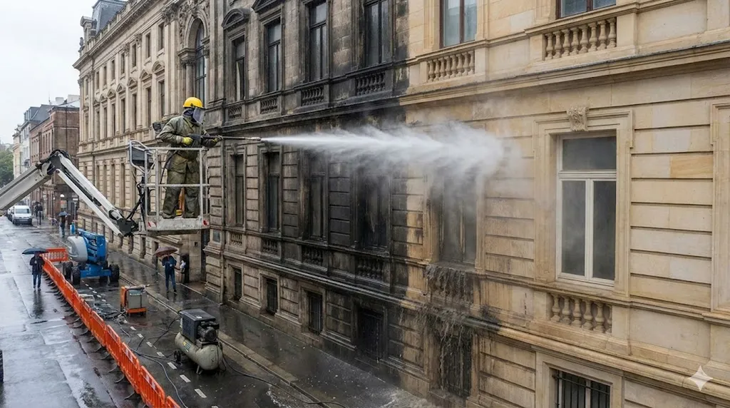 Nettoyage de façade noircie par la pollution urbaine avec hydrogommage doux à Pessac