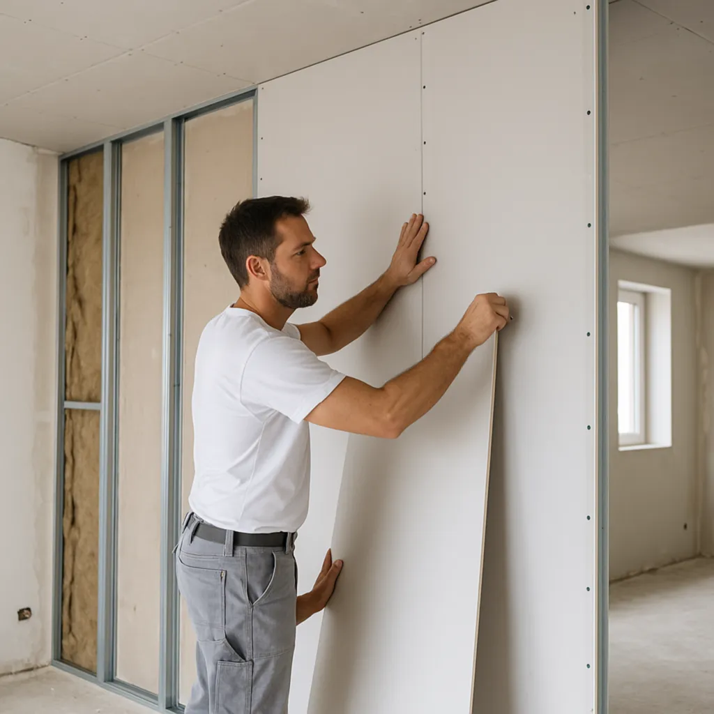 Artisan plaquiste à Bordeaux installant une plaque de plâtre sur une cloison en cours de rénovation intérieure