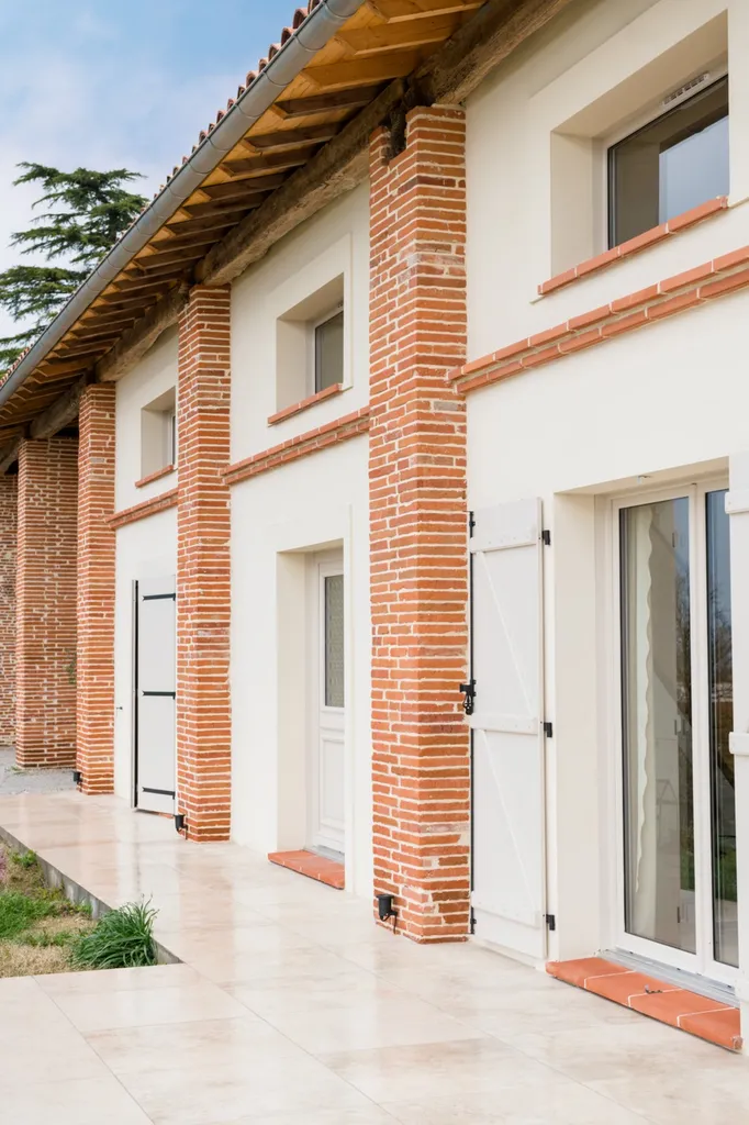 Rénovation d’un corps de ferme en maison contemporaine à Quint-Fonsegrives (31130) avec poutres apparentes et briques anciennes près de Toulouse