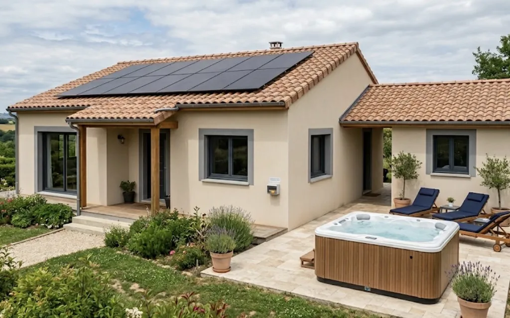 À Léognan en Gironde, intégration intelligente de la production solaire pour le chauffage et la filtration de votre piscine et spa par panneaux photovoltaïques.