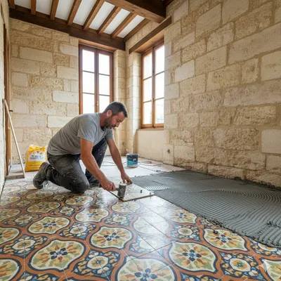 Pose de carreaux de ciment motifs anciens dans une entrée d'échoppe à Bordeaux