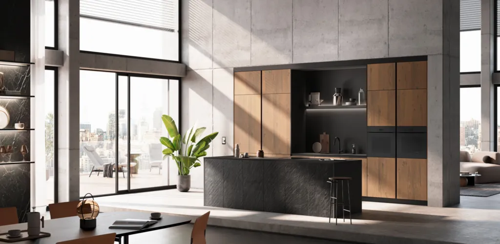 Equilibre élégant : cuisine bois et noir avec colonnes et îlot central