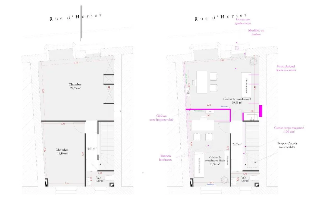 Aménagement d'un centre médical dans une maison de ville à Salon de Provence - Plans R+2 avant / après Aménagement d'un centre médical dans une maison de ville à Salon de Provence
