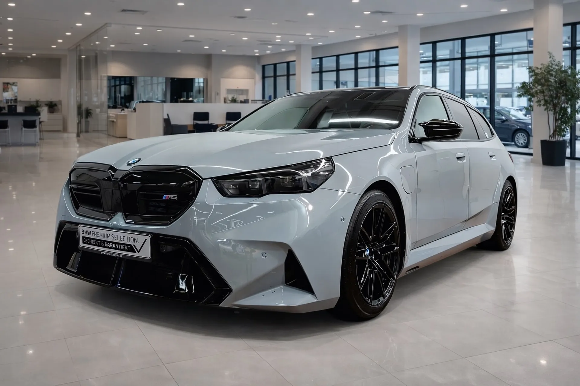 BMW M5 Touring 727ch hybride rechargeable break sportif gris clair face avant pack M Performance