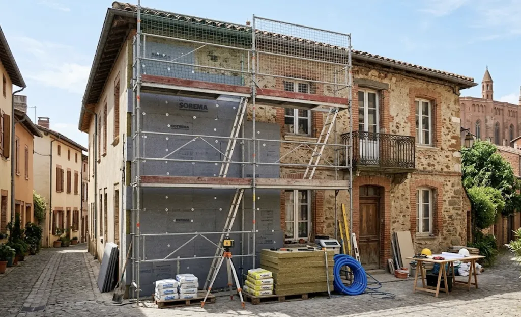 Notre agence de maîtrise d’œuvre à Albi coordonne la rénovation énergétique de ce bâtiment ancien, mêlant isolation thermique extérieure (ITE) performante et respect des façades historiques dans le Tarn.