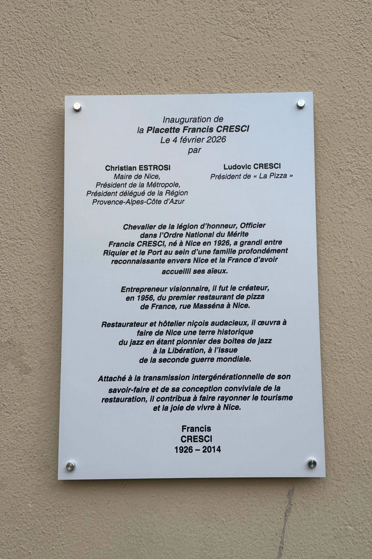 Nice rend hommage à la famille Cresci : une placette pour un nom devenu légende