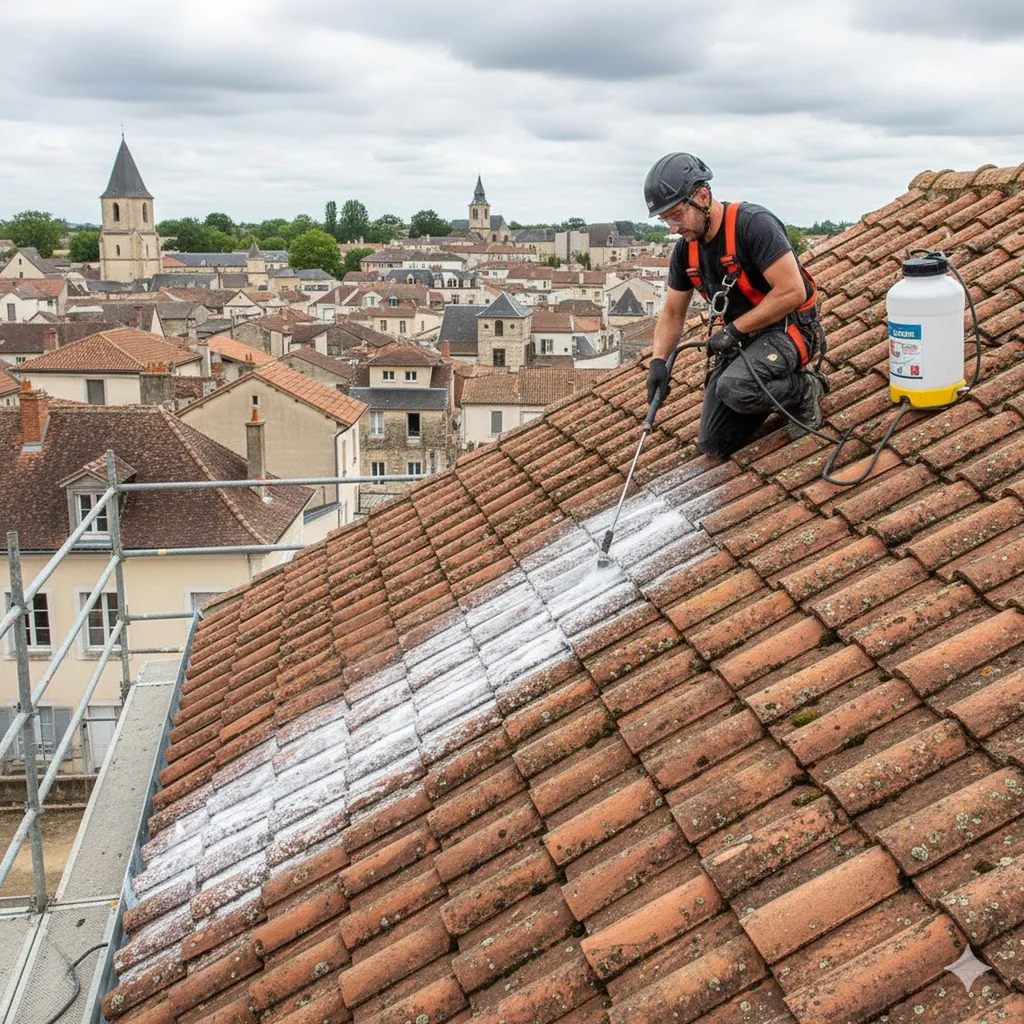  Démoussage professionnel d'une toiture à Libourne, avec application d'un produit anti-mousse spécialisé.