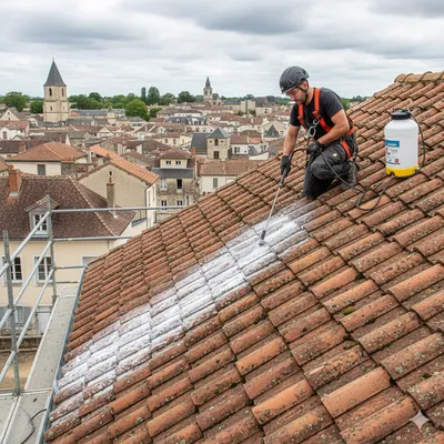  Démoussage professionnel d'une toiture à Libourne, avec application d'un produit anti-mousse spécialisé.