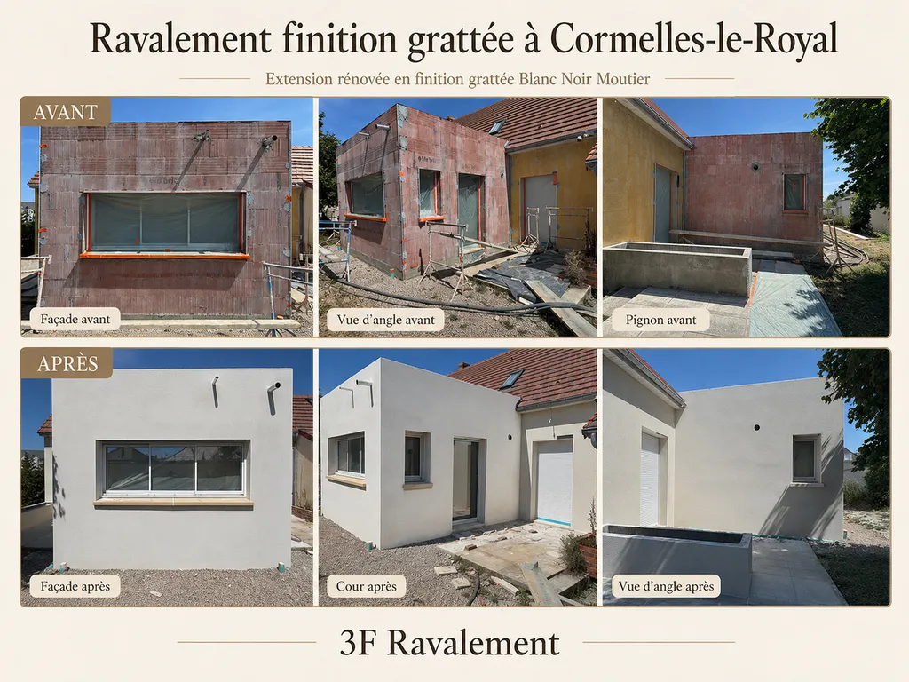 Ravalement fintion grattée PRB Blanc Noir Moutier sur extension de maison à Cormelles-le-Royal