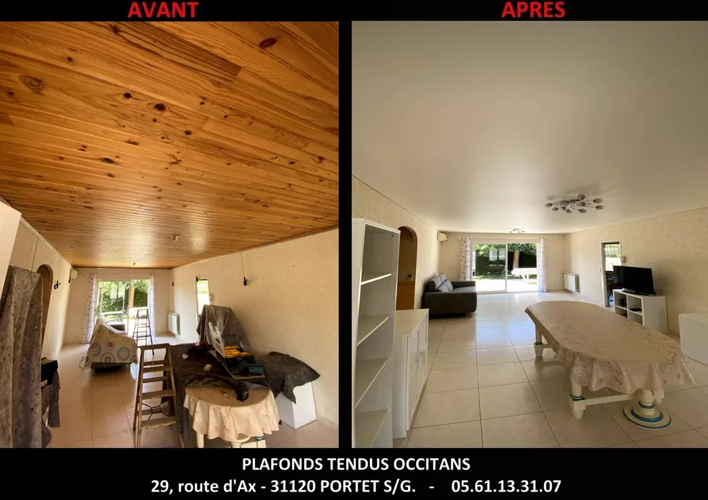 Cacher le lambris bois ou PVC par un plafond tendu dans un salon - Revel  Plafonds Tendus Occitans Revel