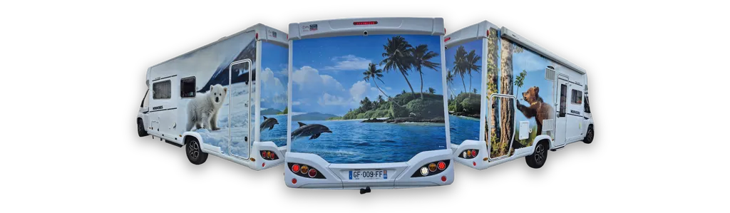 Covering professionnel sur camping‑car : personnalisation adhésive durable et protection carrosserie en Dordogne et Charente, réalisée par des spécialistes du marquage véhicule pour un rendu premium et résistant.