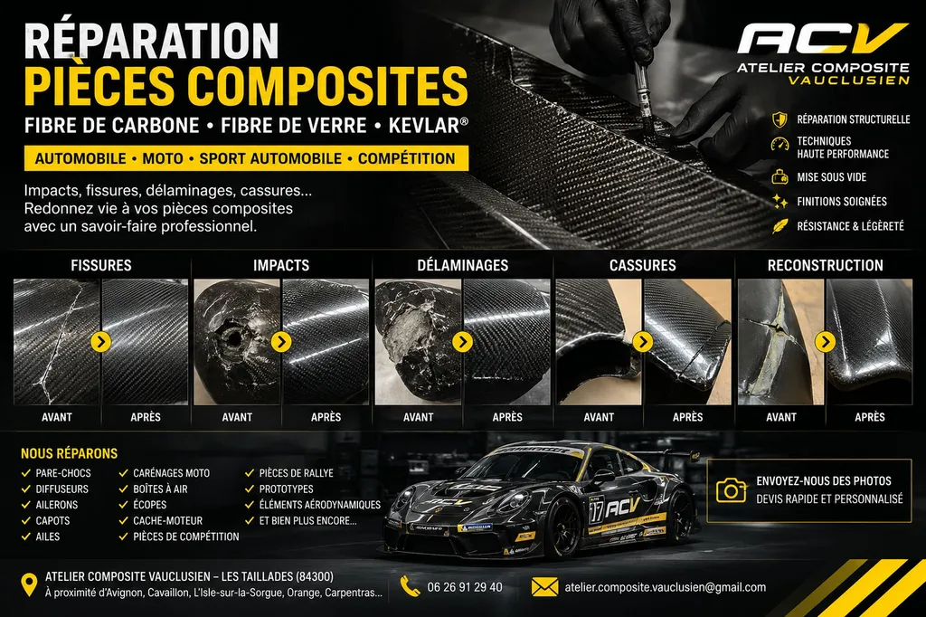 Réparation de pièces en fibre de carbone, fibre de verre et Kevlar® pour automobile, moto, sport automobile et véhicules de compétition par Atelier Composite Vauclusien