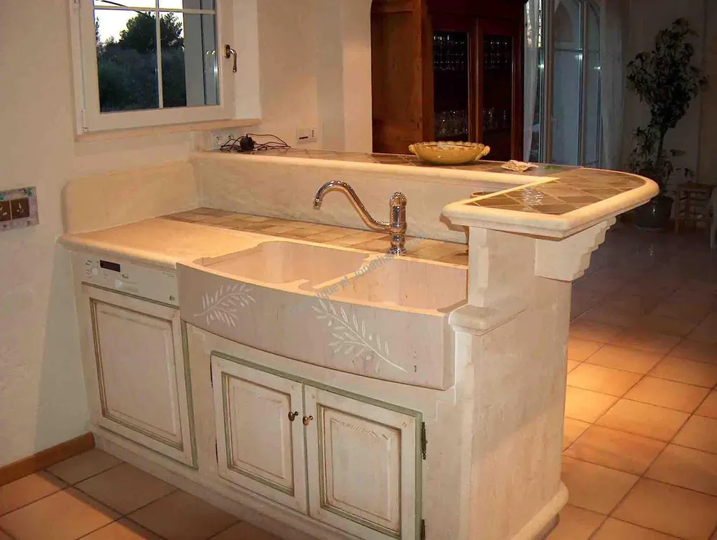 Evier double bac en pierre type Moca Crème