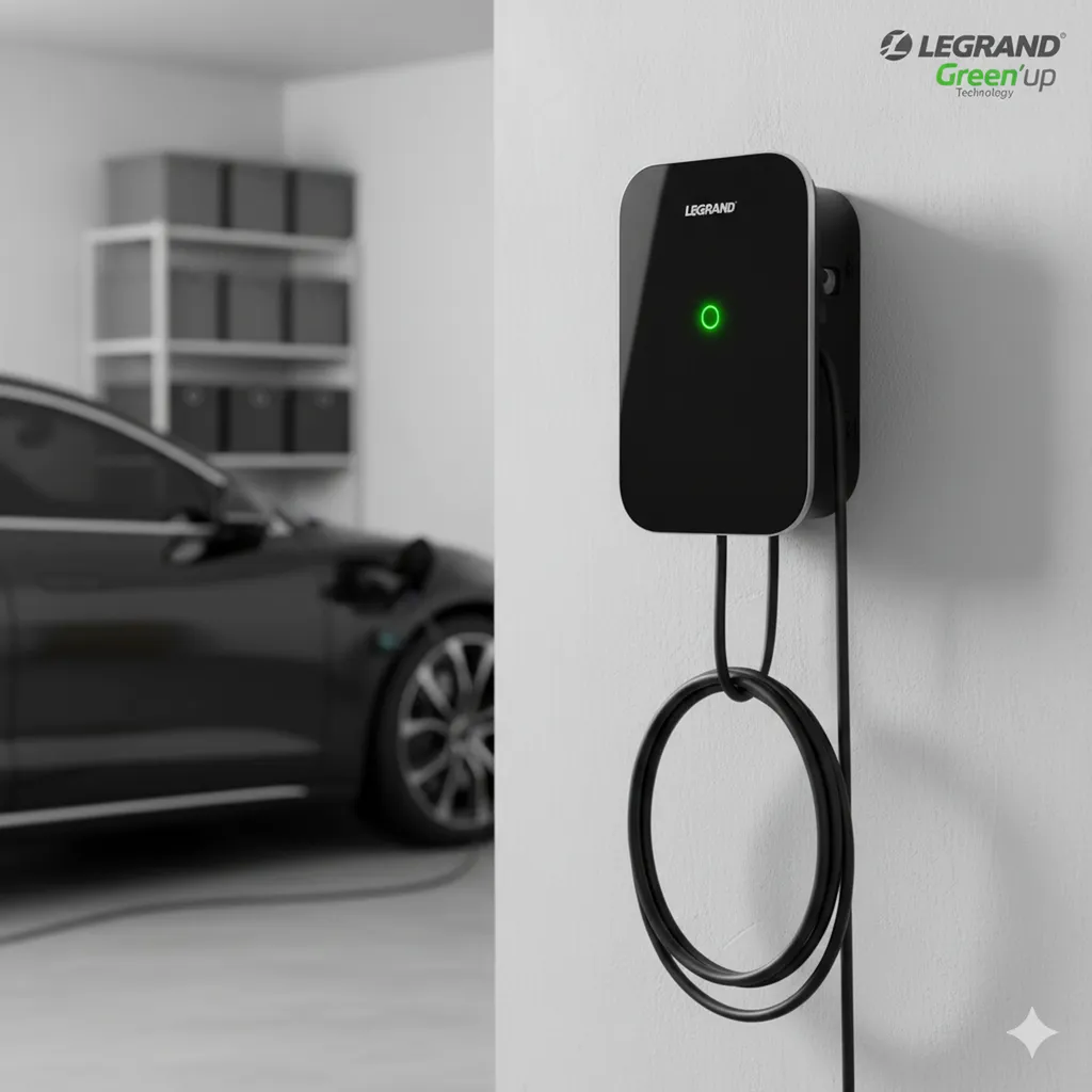 Un électricien certifié IRVE effectuant la connexion finale d'une prise renforcée Green'up Access, mettant en évidence les équipements de sécurité (disjoncteur différentiel).