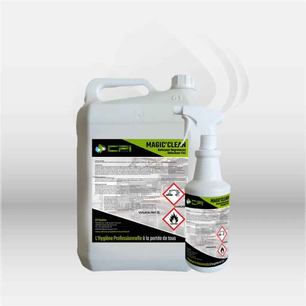 Dégraissant détachant Magic Clean PLMS 1L et 5L, prêt à l'emploi sans résidu, élimine taches graisses huiles encres sur surfaces textiles verre et aluminium, idéal cuisine professionnelle et entretien – disponible à Mont-de-Marsan, Landes (40), Nouvelle-A