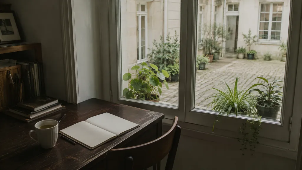 Bureau d'un particulier avec vue sur une cour parisienne