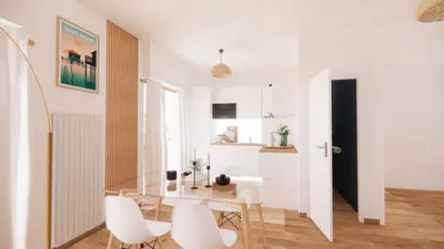 Vue 3D de la pièce de vie optimisée pour révéler le potentiel d’un appartement à vendre à La Teste-de-Buch sur le Bassin d’Arcachon