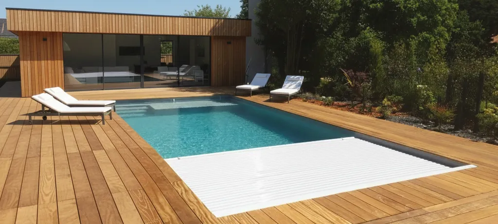 Piscine sur mesure avec volet roulant sur mesure et terrasse bois sur Pessac 33600 à coté de Bordeaux en Gironde