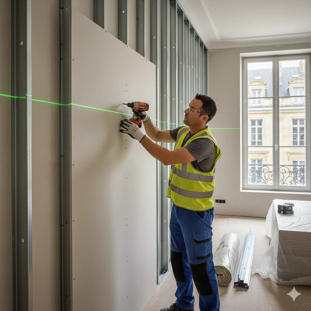 Un plaquiste expérimenté fixant méticuleusement une plaque de plâtre BA13 sur une structure métallique, avec un niveau laser visible pour assurer l'alignement parfait, dans une pièce en construction à Bordeaux.