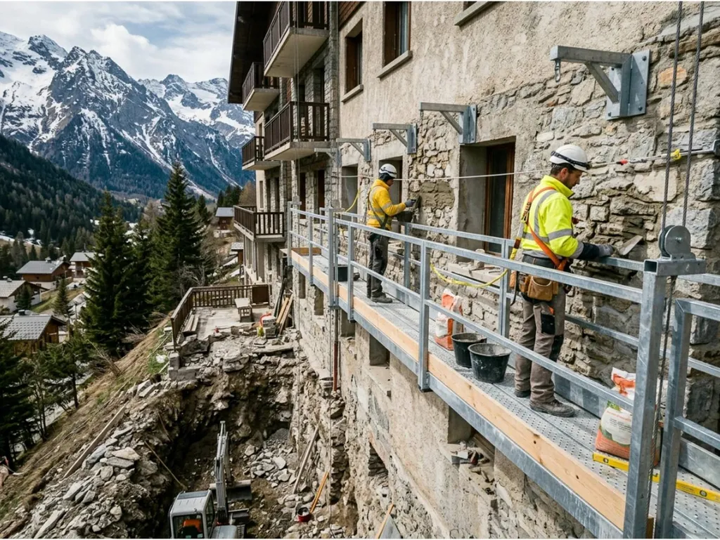 Installation d’un échafaudage suspendu sur façade d’hôtel en zone de montagne, avec fouille en pied de bâtiment et passage de travail sécurisé pour une intervention technique en hauteur