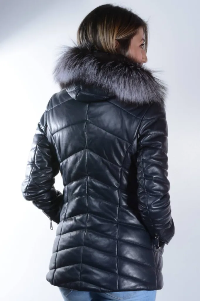 doudoune cuir noir fourrure femme