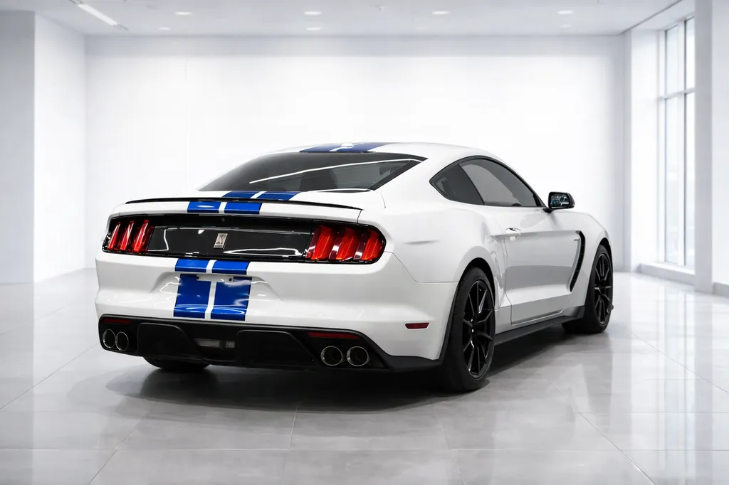 Ford Mustang Shelby GT350 blanche – vue arrière 3/4 sportive à Bordeaux, France