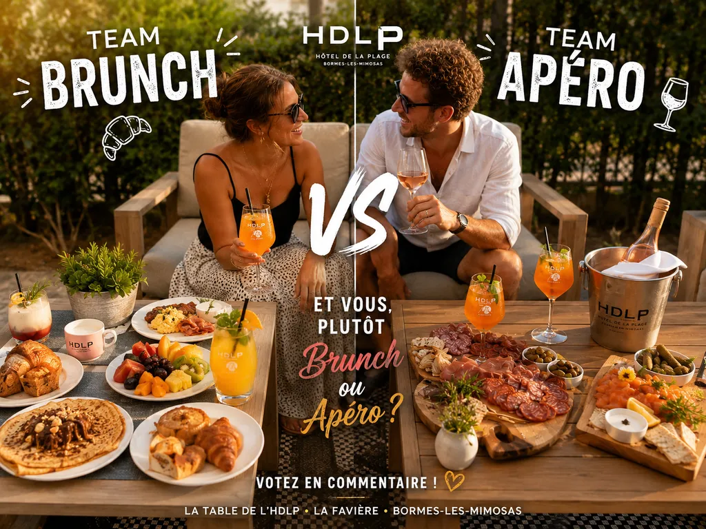 Brunch ou apéro à La Table de l'HDLP à Bormes-les-Mimosas, terrasse conviviale avec cocktails, planches gourmandes et buffet brunch.