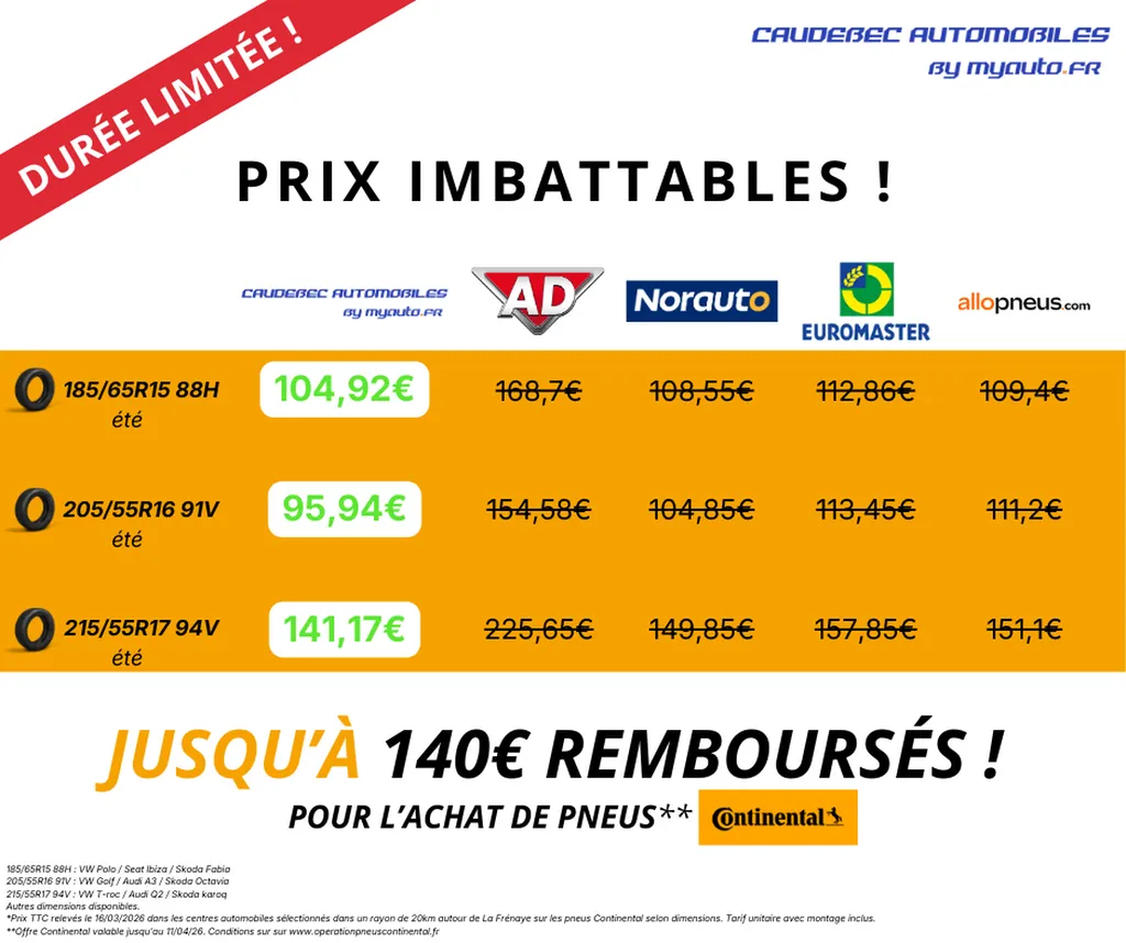 Jusqu'à 140€ remboursés pour l'achat de pneus Continental chez Caudebec Automobiles proche Lillebonne