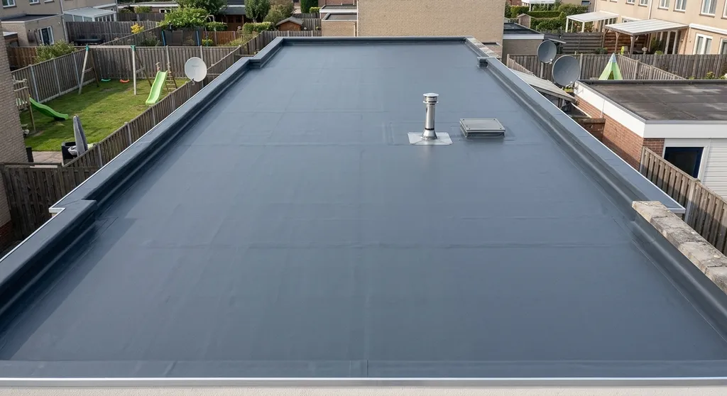 Travaux d'étanchéité bitumineuse sur un toit terrasse.