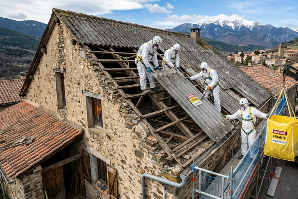Dépose et retrait de plaques en fibrociment pour toiture ancienne à Les Angles dans le département des Pyrénées-Orientales