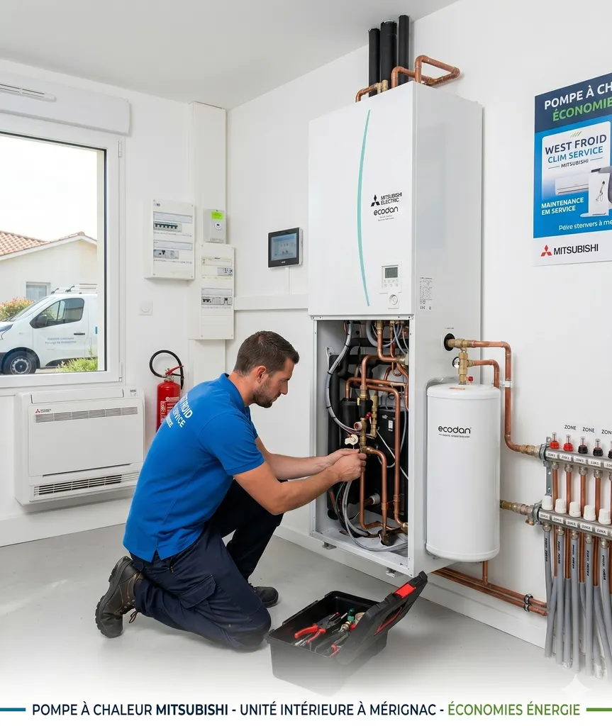 Installation d'un module intérieur d'une pompe à chaleur Air Eau Mitsubishi à Mérignac 