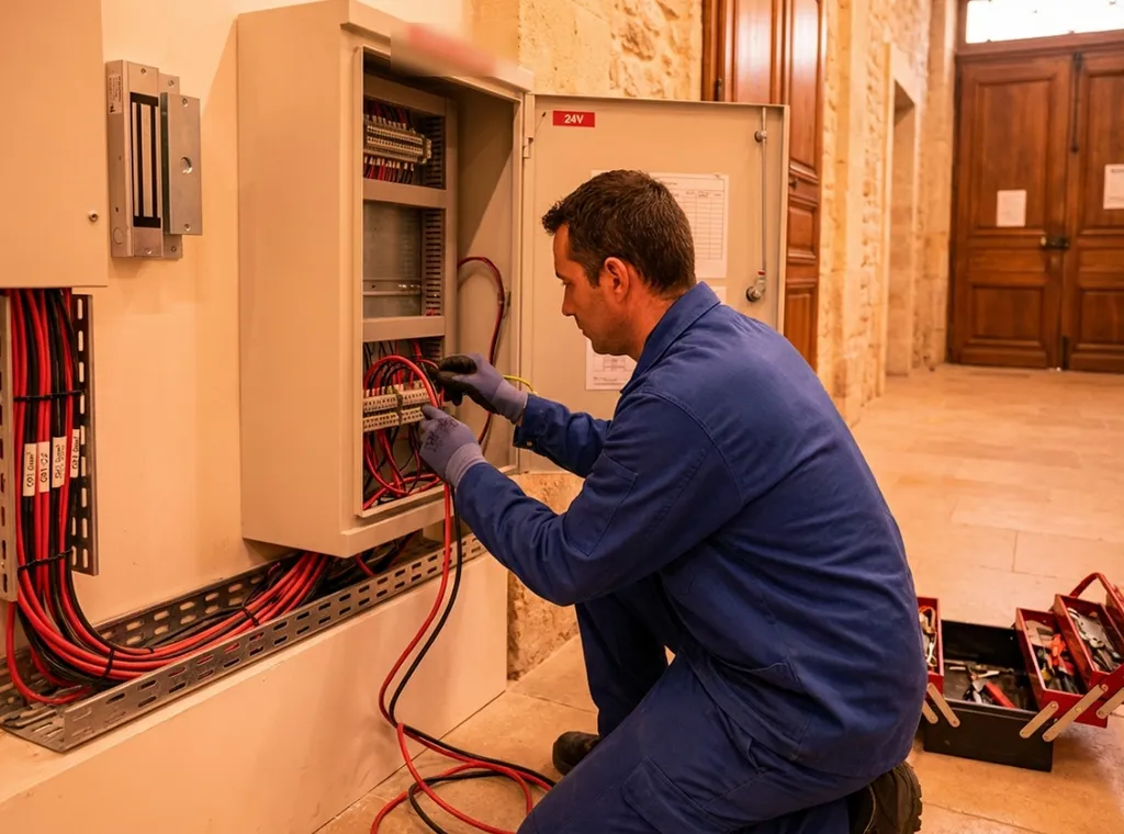 Installation professionnelle câblage ventouses électromagnétiques type Z, alimentation 24 V continu, câbles résistants au feu CR1/C2 2×1,5 mm², raccordement centrale incendie