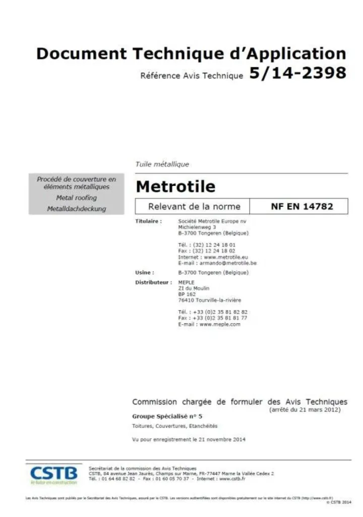 Avis Technique Tuiles métalliques METROTILE