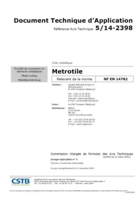 Avis Technique Tuiles métalliques METROTILE