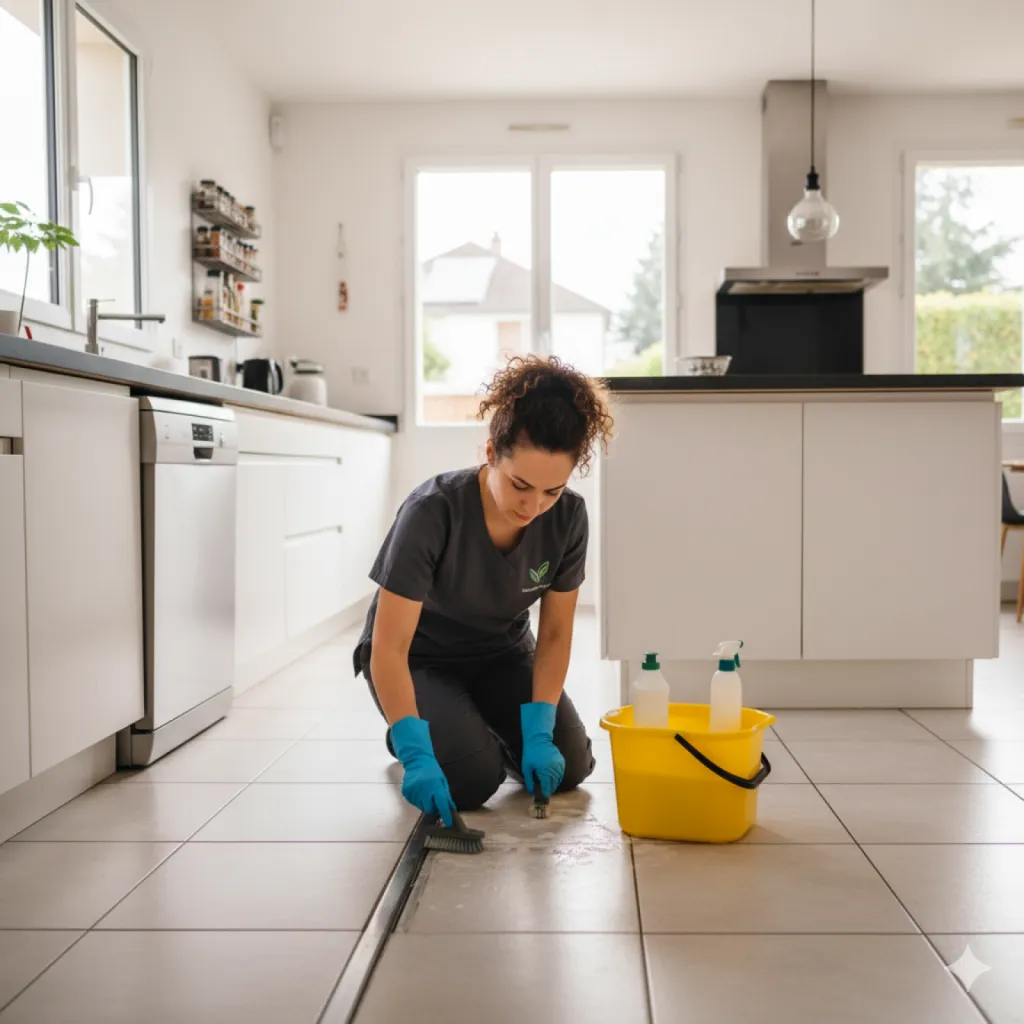 Femme de ménage professionnelle réalisant un nettoyage maison à Mérignac.